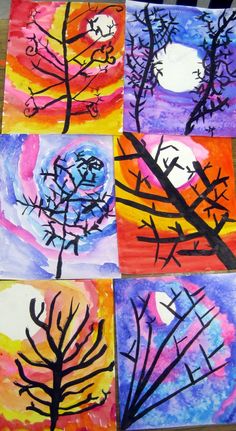 four different paintings with trees painted on them, one is purple and the other is orange