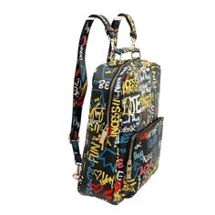 Brand New Black Graffiti Print Vegan Leather Convertible Backpack Handbag Featuring Trolley Sleeve For Traveling And Top Handle. Bag Converts From Backpack To Shoulder Bag. Main Zipper Closure And Front Zipper Pocket. Rear Has Zipper Sleeve To Open And Slide Onto Luggage Handle. Detachable And Adjustable Shoulder Straps. Multicolor Satchel Backpack With Zipper Closure, Multicolor Satchel Backpack With Zipper, Trendy Yellow Backpack, Multicolor Shoulder Bag Backpack With Zipper Closure, Multicolor Shoulder Backpack With Zipper Closure, Multicolor Shoulder Bag Backpack With Zipper, Multicolor Shoulder Backpack For On-the-go, Trendy Yellow Backpack With Adjustable Strap, Trendy Multicolor Backpack For Daily Use