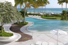 an outdoor swimming pool surrounded by palm trees