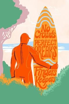 there is a man holding a surfboard in the grass by the water and trees