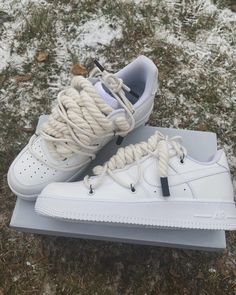 Custom rope lace Air Force 1 with Off-White style laces. White Sporty Sneakers With Front Lace-up, White Sporty Lace-up Sneakers, White Sneakers With Lacing For Streetwear, White Sneakers For Streetwear With Lacing, White Lacing Sneakers For Streetwear, Lace Air Force 1, Air Force Custom, Honda Rsx, White Air Force 1