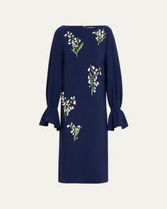 Carolina Herrera shift dress features embroidered floral details throughout and flutter sleeves    Boat neckline    Long sleeves; elastic cuffs     Hem falls above the knee    Concealed back zip     Polyester/polyurethane    Dry clean    Imported Embroidered Formal Dress With Cape Sleeves, Spring Dress With Cape Sleeves And Floral Embroidery, Elegant Embroidered Bell Sleeve Dress, Elegant Bell Sleeve Embroidered Dresses, Elegant Midi Dress With Embroidered Sleeves, Formal Spring Dresses With Embroidered Sleeves, Spring Formal Dress With Embroidered Sleeves, Spring Floral Embroidered Dress With Ruffle Sleeves, Spring Midi Dress With Bell Sleeves And Pleated Details