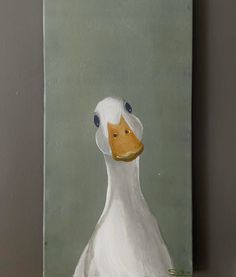 a painting of a white duck with blue eyes