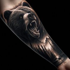 a man's arm with a bear on it and trees in the background,