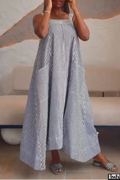 Fisdy - Chic Striped Sleeveless Dress with Pocket Square Collar for Everyday Wear Lavender Prom Dresses, Striped Sleeveless Dress, Dress Sleeve Styles, Dressed To Kill, Fashion Gallery, Daily Dress, Waist Dress, Olivia Mark, Wearing Black