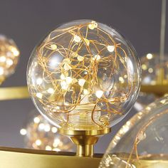 some lights that are inside of a glass ball on a table with gold trimmings