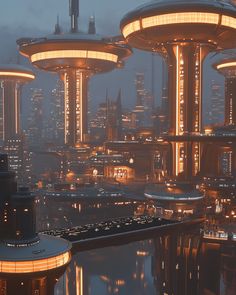 a futuristic city at night with lights reflecting in the water