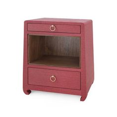 a red wooden night stand with two drawers on one side and an open drawer on the other