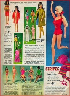 an advertisement for barbie dolls from the 1970's shows women in bathing suits and swimsuits