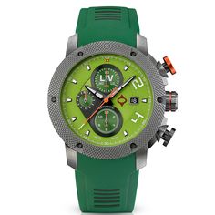 The GX-AC Green Kirmi men's watch features a Swiss automatic ETA 7750 movement, a 12-hour chronograph, anti-reflective and anti-resistant sapphire crystal, surgical-grade 316L stainless steel with a skeleton case back, a 46-mm green dial with white numerals, BGW9 Swiss Luminova, and a limited edition. It is also water-resistant up to 100 meters. Liv Watches, Fancy Watches, Watch Lover, Florida Usa, Gift Finder, Swiss Watches, Swiss Made, Watch Collection, Men's Watch