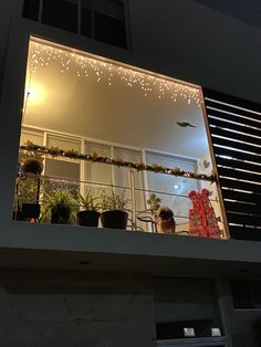 an open window with plants and lights in the windowsills at night, on top of a balcony