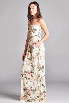 It's not your Grandma's 'antique roses' type of floral dress! This pretty ivory maxi dress features an antique china floral pattern of cream, blush and olive. The perfect romantic date night dress features a strapless neckline, empire waist and practical side pockets. Estimated 2-4 business days for shipping. Available in ivory/blush Made in the USA 96% polyester and 4% spandex Ivory Maxi Dress, Romantic Date Night, Date Night Dress, Romantic Date, Strapless Maxi, Cream Blush, Strapless Maxi Dress, Antique China, Antique Roses