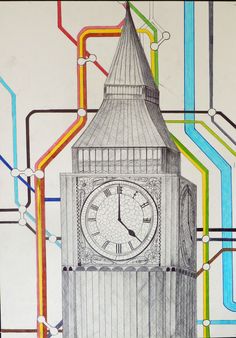 a drawing of a clock tower with colorful lines in the back ground and below it