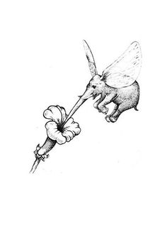 a black and white drawing of a bee flying with a flower in it's mouth