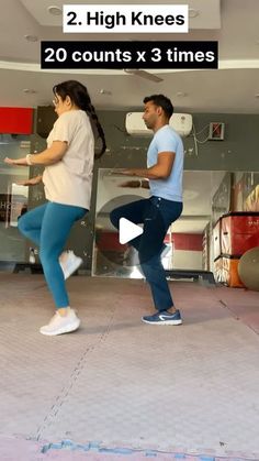 two people are dancing in the middle of an indoor dance studio with text overlay reading 2 high knees 20 counts x 3 times