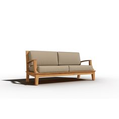 a wooden couch sitting on top of a white floor