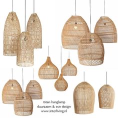 a bunch of hanging lights that are made out of wicker