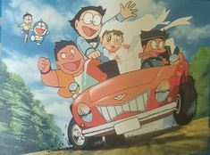 an image of cartoon characters in the back of a red car with people riding on it