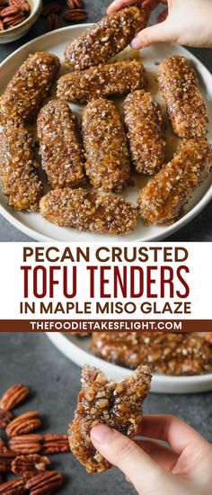 pecan crusted tofu tenders in maple miso glaze on a white plate