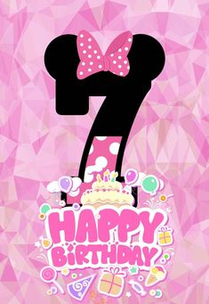 a pink birthday card with a minnie mouse on it's head and the number seven