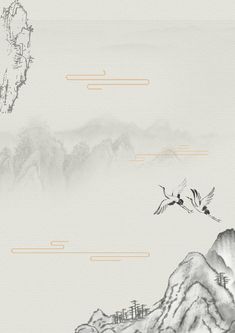 an ink drawing of mountains and birds flying over them