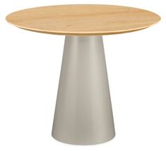 a round wooden table sitting on top of a white floor next to a metal base