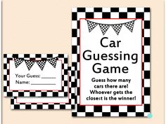 a black and white checkered card with the words car gusing game on it