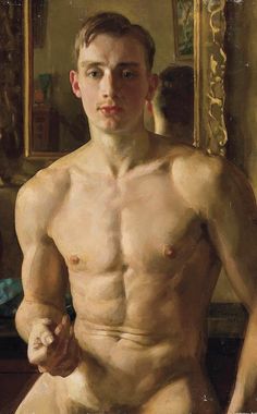 a painting of a shirtless man in front of a mirror with his hands on his hips