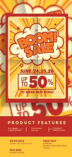 an advertisement for the boom sale is shown in red and yellow with stars on it