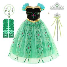 PRICES MAY VARY. This product includes a princess dress and a seven piece set of accessories. Accessory sets include crowns, necklaces, bracelets, rings, earrings, scepters and gloves. This princess dress is made of comfortable satin, tulle, organza, polyester and other materials to ensure your little princess's skin is comfortable. Interesting, colorful and lovely design, let your girl enter the role-playing world. Perfect for birthday parties, Halloween, Christmas, makeup, dance, festivals, ga Elsa Dresses, Schnee Party, Princess Costumes For Girls, Queen Halloween Costumes, Anna Et Elsa, Snow Party, Girl Green Dress, Very Short Dress, Anna Dress