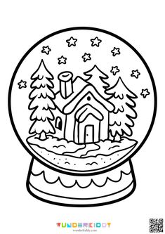 a snow globe with a house in it and trees on the top, surrounded by stars