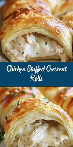 chicken stuffed crescent rolls on a plate with the words chicken stuffed crescent rolls below it