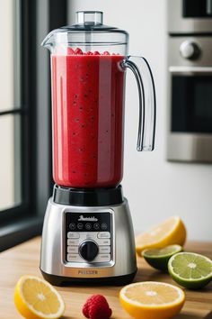 a blender filled with red liquid next to sliced lemons and raspberries