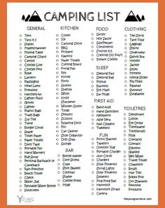 the camping list is shown in orange and white with an orange border around it, which includes