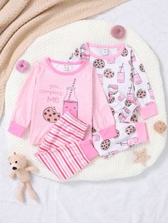 Baby Girl Multiple Pieces Coordinated Set, Including 2 Sets Of Comfortable Long-Sleeved And Pants  With Cute Prints Pink   Long Sleeve Knitted Fabric Cartoon,Geometric,Letter  Medium Stretch  Baby Girls Clothing, size features are:Bust: ,Length: ,Sleeve Length: Cute Prints, Cartoon Letters, Pink Collar, Pink Collars, Baby Prints, 2 Set, Pink Print, Girls Clothing, Long Sleeve Knit