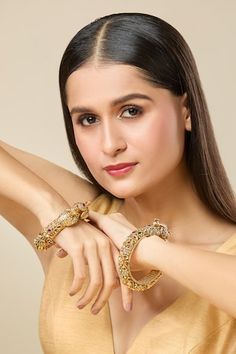 Gold polish jadau bangles with carved peacock and floral swirl motifs embellished by stones. - Aza Fashions Jewellery Bangles Gold, Jadau Bangles, Jewellery Bangles, Bangles Gold, Buy Gold, Bangle Set, Gold Polish, Bangles Jewelry, Gold Bangles