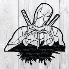 the deadpool is holding two crossed swords in front of a white wooden background with black ink