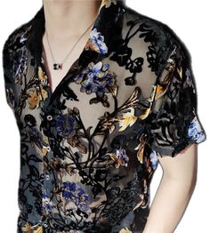 Floral Outfit Ideas Men, Multicolor Slim Fit Shirt For Summer, Black Short Sleeve Party Shirt, Slim Fit Shirt For Summer Party, Multicolor Sheer Top For Party, Floral Male Outfit, Sheer Fitted Shirt For Party, Multicolor Sheer Tops For Party, Blue Shirt For Summer Party