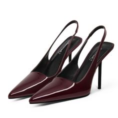 PRICES MAY VARY. Heel Height: These burgundy slingback heels have a heel height of 4 inches (10.2 cm). The elegant heel design enhances the overall fashionable look. Design Features: Closed pointy toe and backless stiletto heels create elegant lines, while the elastic strap design enhances the comfort of the high heels. Material Details: Glossy patent leather with a soft and comfortable insole that reduces foot pressure, while the non-slip rubber outsole provides stability. Suitable Occasions: T Black Slingback Heels, Stretch Strap, Burgundy Heels, Heel Stretch, Pointy Heels, Elegant Heels, Heels Classy, Slip On Pumps, Slingback Heels