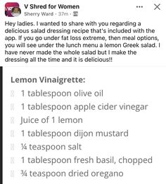 an iphone screenshot showing the recipe for lemon vinaigrete, which is also available in stores