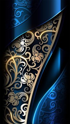 an abstract blue and gold background with swirly designs on it's edges,