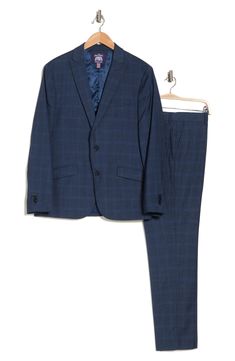 Classic and versatile, this well-dressed plaid suit crafted from supersoft and stretchy fabric features a peaked lapel jacket and flat-front trousers. 28" length, bottoms: 32" inseam; 10" rise (size 40R)
 Jacket has peak lapels; four-button cuffs; chest pocket; flap pockets
 Trousers have zip fly with hook-and-bar closure; slant pockets; back button-welt pockets 84% polyester, 15% rayon, 1% spandex Dry clean Imported Plaid Notch Lapel Suit For Business Casual, Plaid Suit With Suit Collar For Work, Fitted Plaid Blazer With Welt Pockets, Tailored Plaid Suits For Business Casual, Plaid Suiting Fabric Suit For Workwear, Plaid Suiting Fabric Suits For Workwear, Tailored Plaid Suit With Notch Lapel, Plaid Suit With Suit Collar For Business Casual, Fitted Plaid Blazer For Business Casual