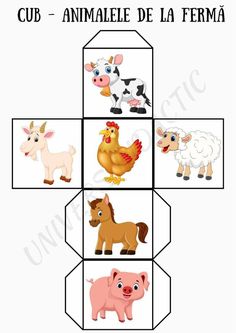 an animal and farm animals cut out into four different shapes, with the words in spanish