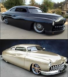 an old car with chrome rims is shown in two different pictures, one black and the other gold