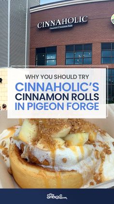 a close up of a pastry in a box with the words, why you should try cinnamon rolls in pigeonon force