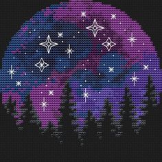 a cross stitch pattern with stars in the night sky and trees on it, as well as