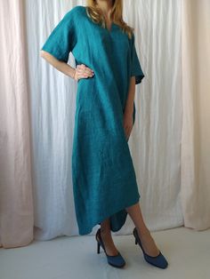 "Linen dress for women, it's elegant, minimalist, and is sure to compliment every occasion, from formal gatherings to outings with friends. Made from 100% European flax, length in front is ± 120 cm(47\"), on back 138 cm(54\") Before placing an order, check the approximate measurements given below. If you are unsure about your size or would like to adjust the length of the item, you could leave your personal measurements (height, bust, waist and hips) in a personalization box. SIZE and FIT Size X Linen Maxi Dresses For Loungewear, Flowy Linen Dress For Loungewear, Bohemian Short Sleeve Solid Dresses, Solid Color Bohemian Linen Dress, Relaxed Fit V-neck Lagenlook Dress, Bohemian Linen Dress With Relaxed Fit, Bohemian Relaxed Fit Linen Dress, Bohemian Linen Loungewear Dresses, Relaxed Fit Bohemian Linen Dress