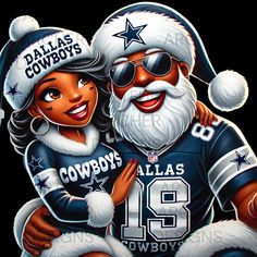 a painting of two people dressed up as cowboys football players with santa hats and sunglasses