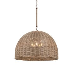 the light fixture is made out of wicker and has three lights on each side