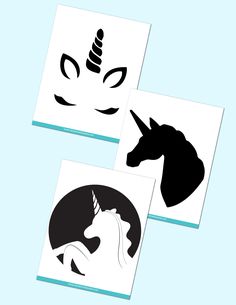 three unicorn face stencils are shown in black and white, one has a horse's head